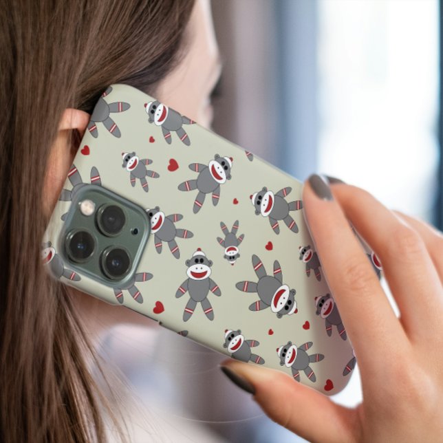 Cute Sock Monkey With Hearts Pattern on Tan Case-Mate iPhone Case (Creator Uploaded)