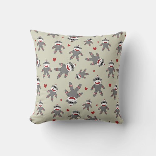 Cute Sock Monkey with Hearts Pattern on Tan Throw Pillow