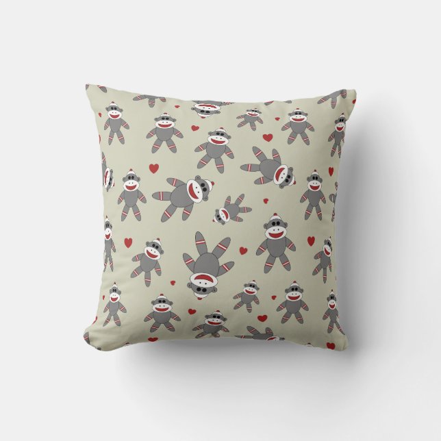 Cute Sock Monkey with Hearts Pattern on Tan Throw Pillow (Front)