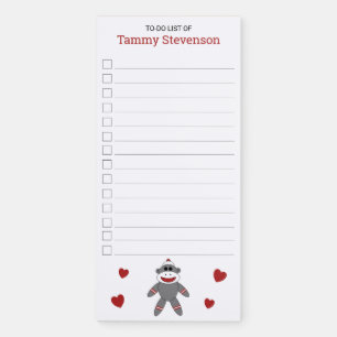 Cute Sock Monkey With Red Hearts To-Do List Magnetic Notepad