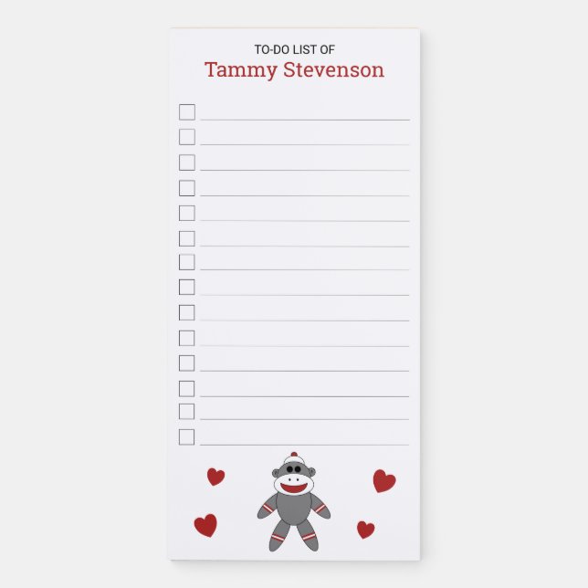 Cute Sock Monkey With Red Hearts To-Do List Magnetic Notepad (Front)