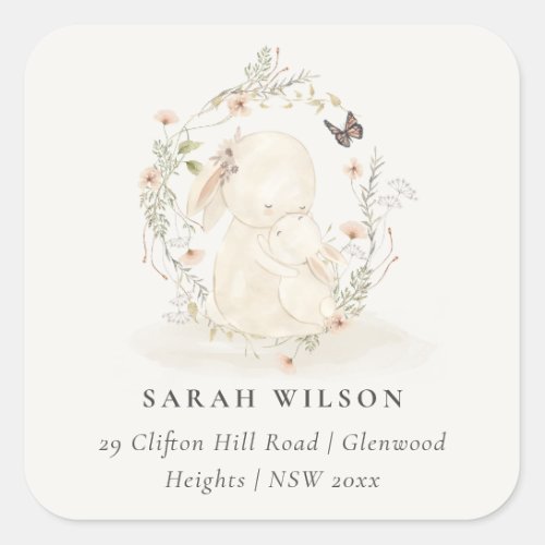 Cute Soft Baby Mum Bunny Floral Wreath Address Square Sticker