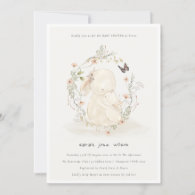 Cute Soft Baby Mum Bunny Floral Wreath Baby Shower Invitation