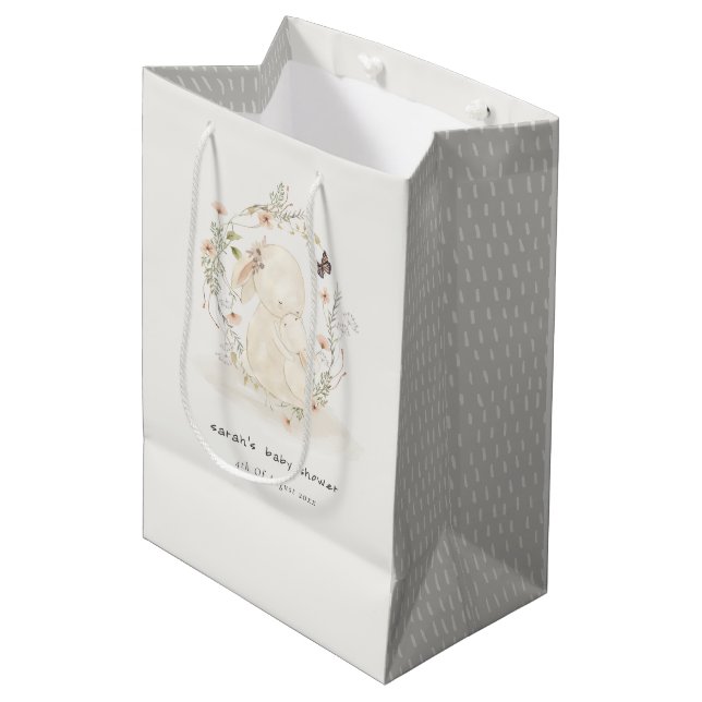 Cute Soft Baby Mum Bunny Floral Wreath Baby Shower Medium Gift Bag (Front Angled)