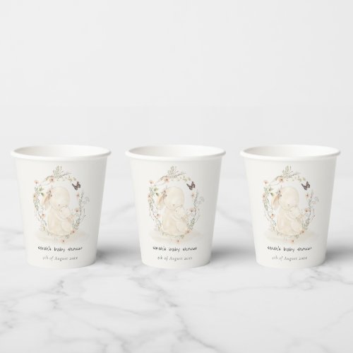 Cute Soft Baby Mum Bunny Floral Wreath Baby Shower Paper Cups