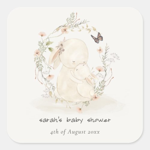 Cute Soft Baby Mum Bunny Floral Wreath Baby Shower Square Sticker