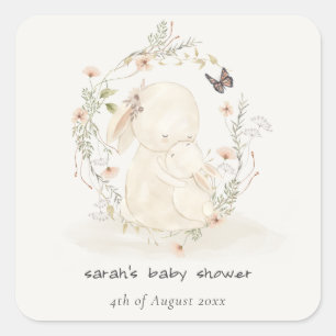 Cute Soft Baby Mum Bunny Floral Wreath Baby Shower Square Sticker