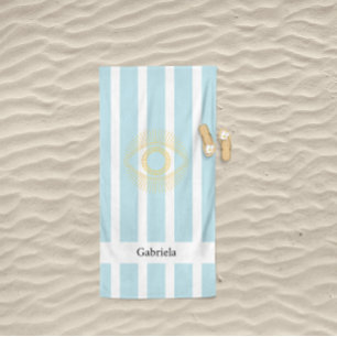 Cute Soft Blue Vintage Golden Greek Eye Stripes Beach Towel