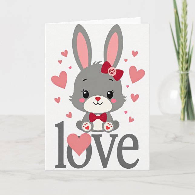 Cute Soft Bunny Love Hearts Card (Front)