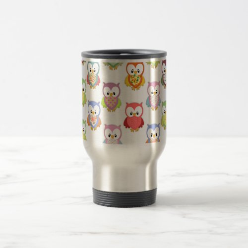 Cute soft colourful owls different chest patterns travel mug