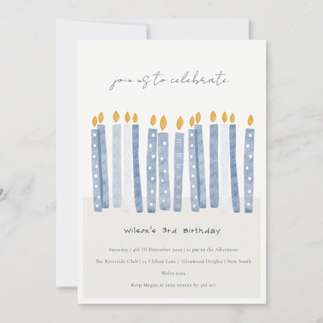 Cute Soft Pastel Blue Watercolor Birthday Candles Invitation (Front)