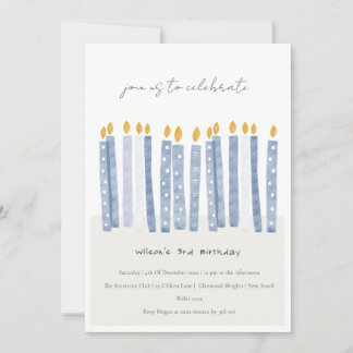 Cute Soft Pastel Blue Watercolor Birthday Candles Invitation