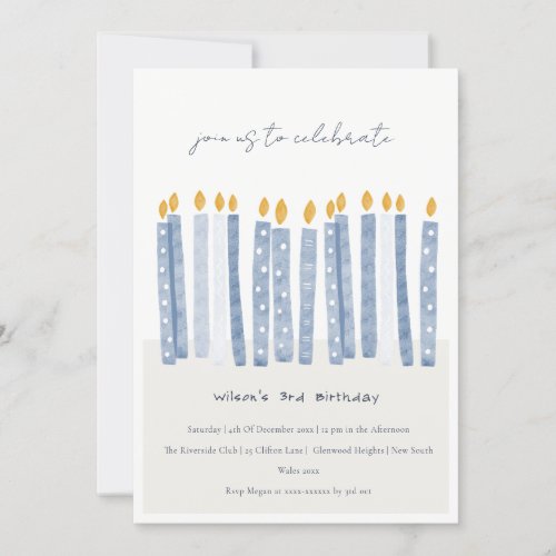 Cute Soft Pastel Blue Watercolor Birthday Candles Invitation