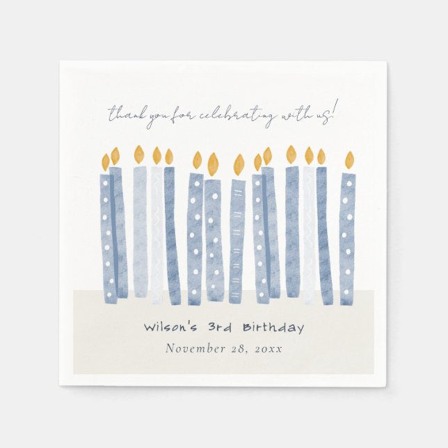 Cute Soft Pastel Blue Watercolor Birthday Candles Napkins (Front)