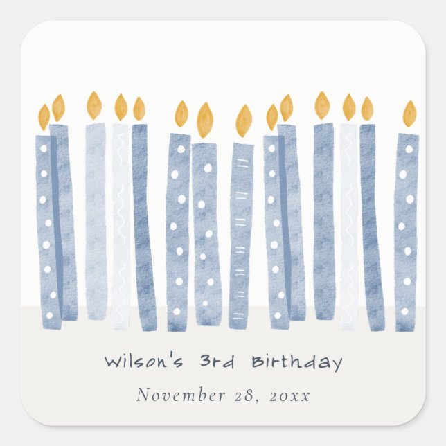 Cute Soft Pastel Blue Watercolor Birthday Candles Square Sticker (Front)