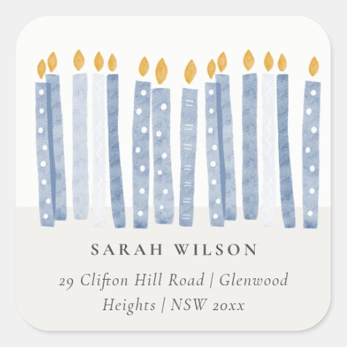 Cute Soft Pastel Blue Watercolor Candles Address Square Sticker