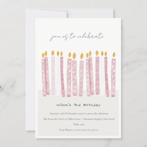 Cute Soft Pastel Pink Watercolor Birthday Candles Invitation