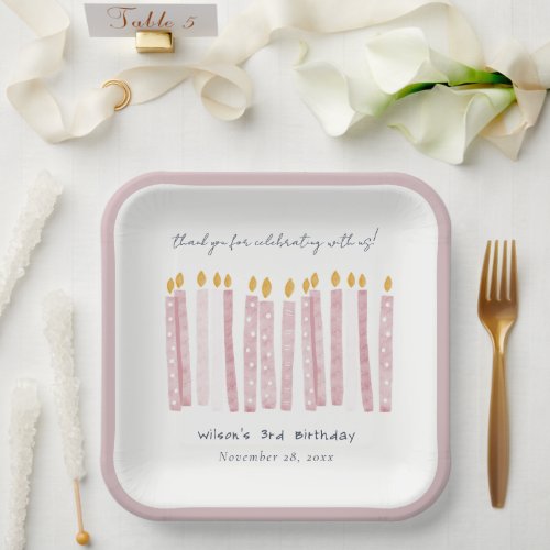 Cute Soft Pastel Pink Watercolor Birthday Candles Paper Plates