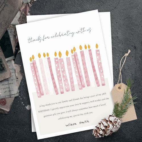 Cute Soft Pastel Pink Watercolor Birthday Candles Thank You Card