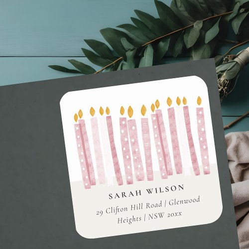 Cute Soft Pastel Pink Watercolor Candles Address Square Sticker