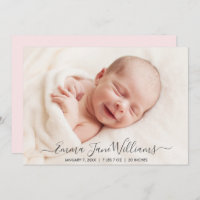 Cute Soft Pink Birth Announcement Photo Card