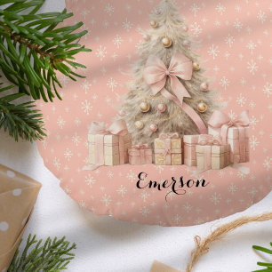 Cute Soft Pink Christmas Tree with custom name Round Pillow