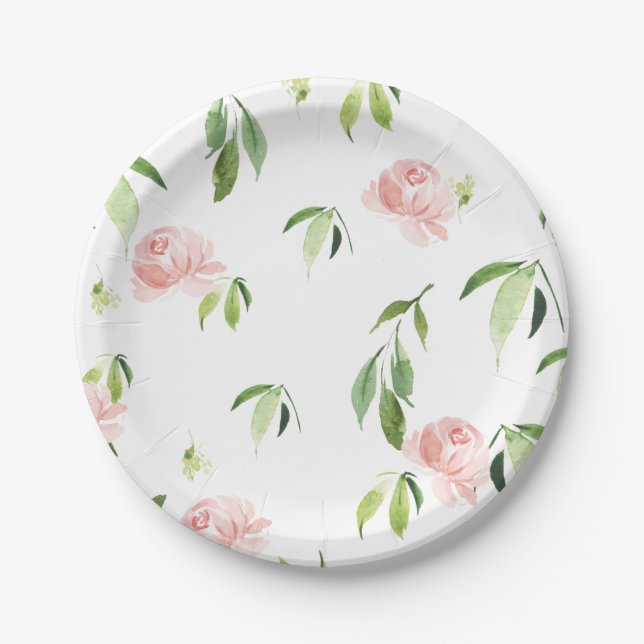 Cute Soft Pink Floral Flowers Greenery Foliage Paper Plates (Front)
