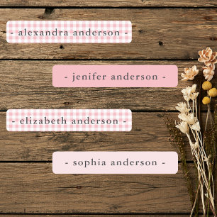 Cute Soft Pink Gingham Kids Waterproof Name Labels