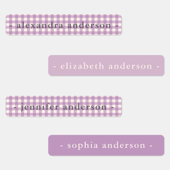 Cute Soft Purple Gingham Kids Waterproof Name Labels (Group)