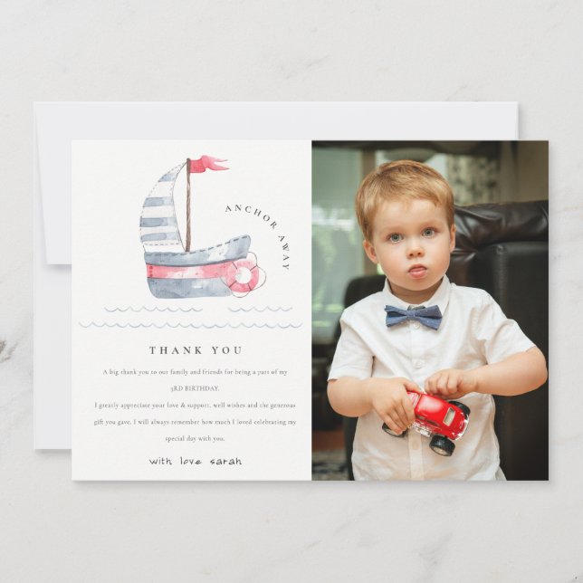Cute Soft Red Blue Sailboat Kids Photo Birthday Thank You Card (Front)