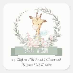 Cute Soft Safari Giraffe Floral Wreath Address Square Sticker