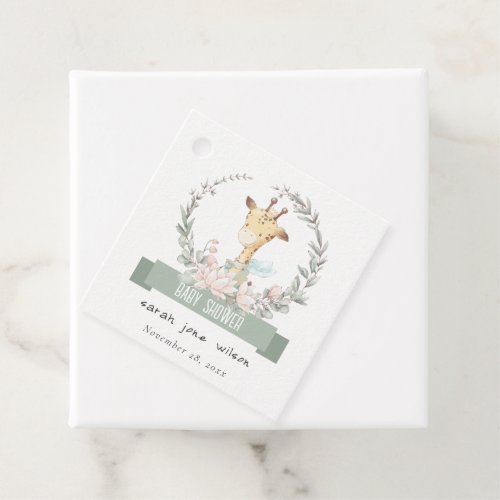 Cute Soft Safari Giraffe Floral Wreath Baby Shower Favor Tags