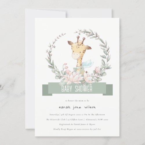 Cute Soft Safari Giraffe Floral Wreath Baby Shower Invitation