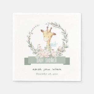Cute Soft Safari Giraffe Floral Wreath Baby Shower Napkins