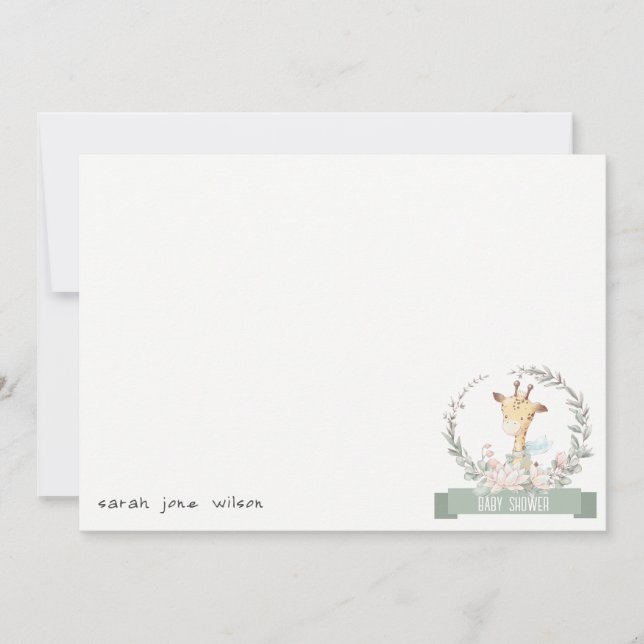 Cute Soft Safari Giraffe Floral Wreath Baby Shower Note Card (Front)