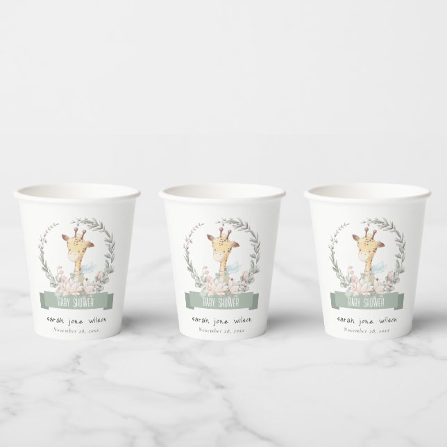 Cute Soft Safari Giraffe Floral Wreath Baby Shower Paper Cups (Multi)