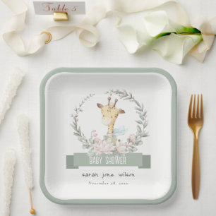 Cute Soft Safari Giraffe Floral Wreath Baby Shower Paper Plates