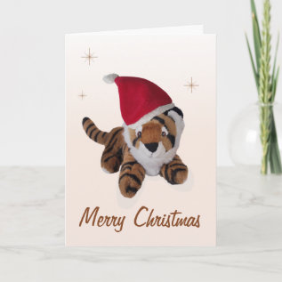 Cute Soft Toy Tiger In Santa Hat Merry Christmas Holiday Card at Zazzle