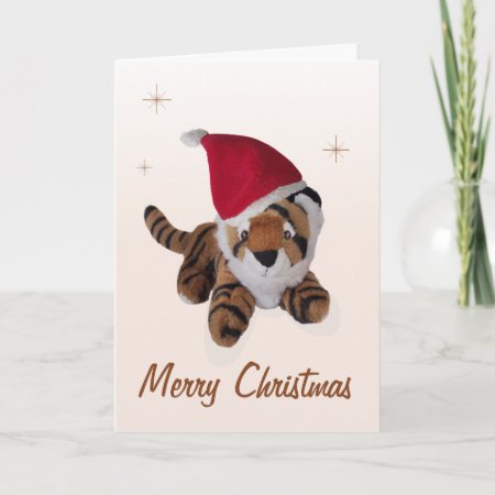 Cute Soft Toy Tiger In Santa Hat Merry Christmas Holiday Card