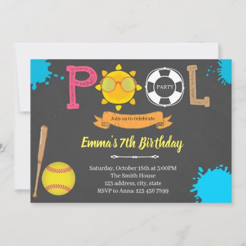 Cute softball baseball pool party invitation
