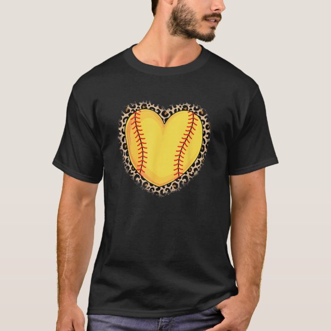 Cute Softball Heart Leopard Print Women Girls Soft T-Shirt (Front)