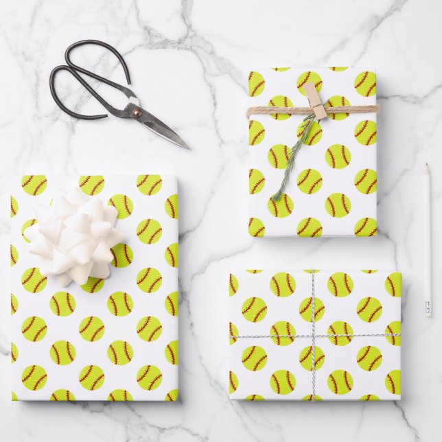 Cute Softball Pattern Wrapping Paper Sheets (Front)