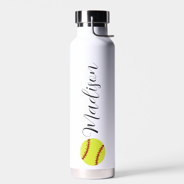 Cute Softball Personalized Name Water Bottle (Left)