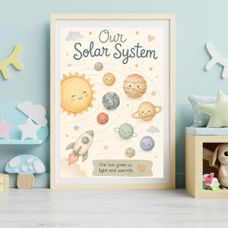 Cute Solar System Nursery Watercolor Planets Poster