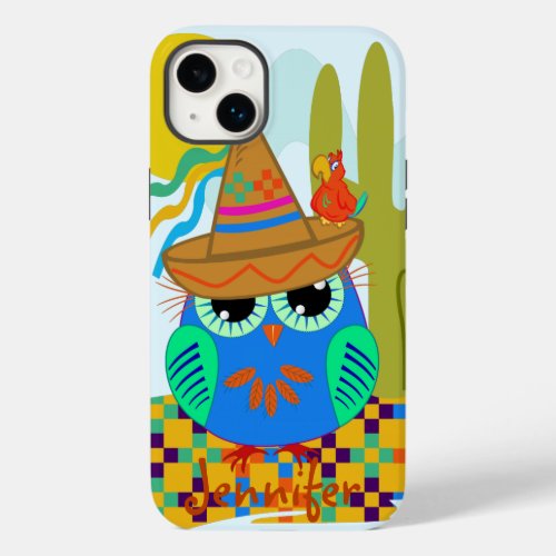 Cute Sombrero owl with parrot  custom Name Case_Mate iPhone 14 Plus Case