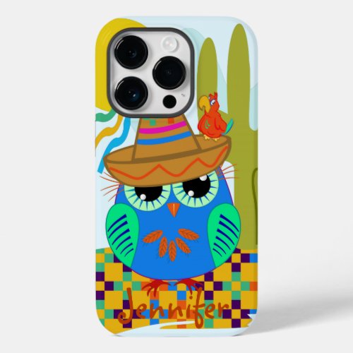 Cute Sombrero owl with parrot  custom Name Case_Mate iPhone 14 Pro Case