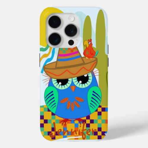 Cute Sombrero owl with parrot  custom Name iPhone 15 Pro Case