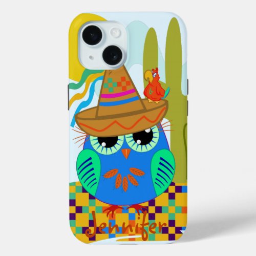 Cute Sombrero owl with parrot  custom Name iPhone 15 Case