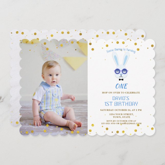 Cute Some Bunny Boy Photo 1ST Birthday Invitation (Front/Back)