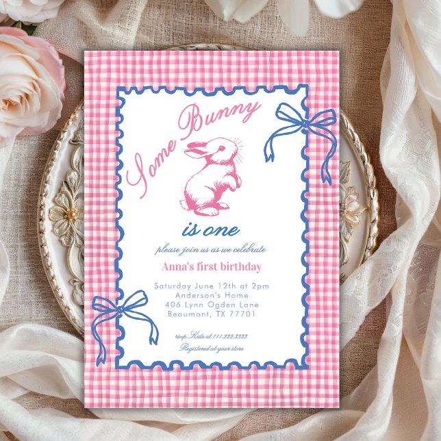 Cute Some Bunny Is One Bow Gingham 1st Birthday  Invitation (Creator Uploaded)